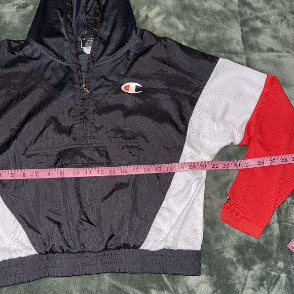 Champion Windbreaker Track Jacket Women's Large Red Black Kangaroo Pocket Hooded - Picture 5 of 10